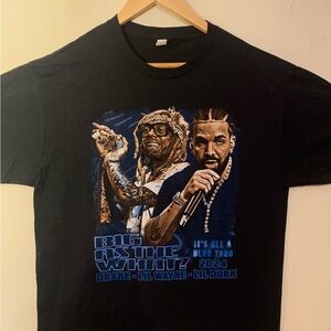 Black Graphic T-Shirt with Blue and White Print